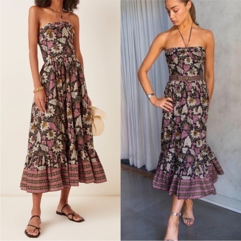 Alexis Dress Aniessa Midi Halter Cotton in Palm Black Motif